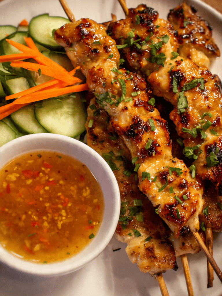 Bang Bang Chicken Skewers drizzled with creamy sweet and spicy sauce