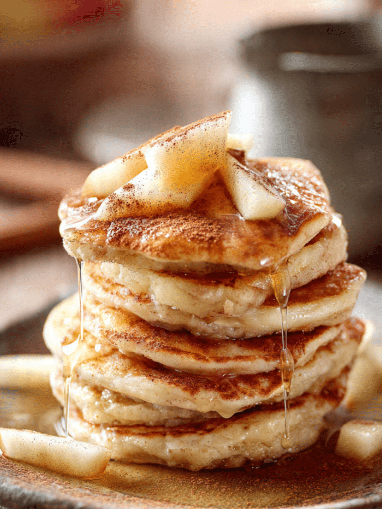 Apple yogurt pancakes stacked with maple syrup and cinnamon
