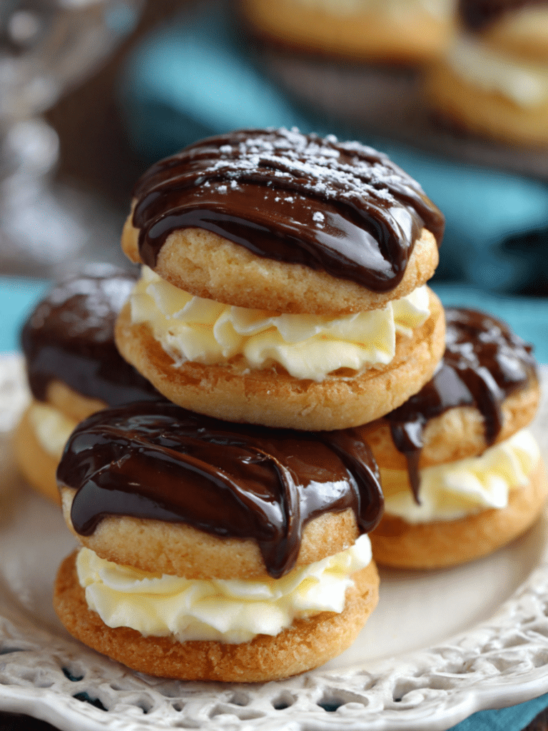 Boston cream pie cookies with creamy filling and chocolate ganache topping