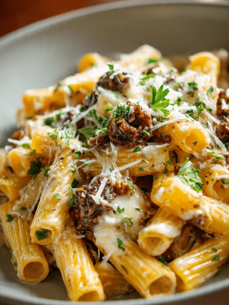 cheesy rigatoni beef carbonara creamy pasta dish