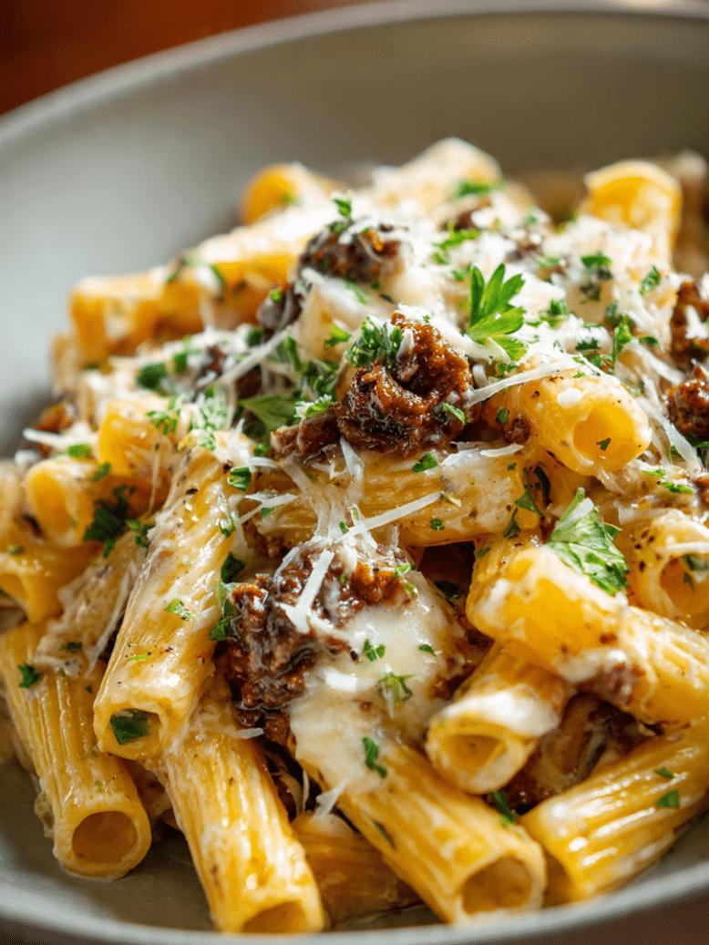 cheesy rigatoni beef carbonara creamy pasta dish
