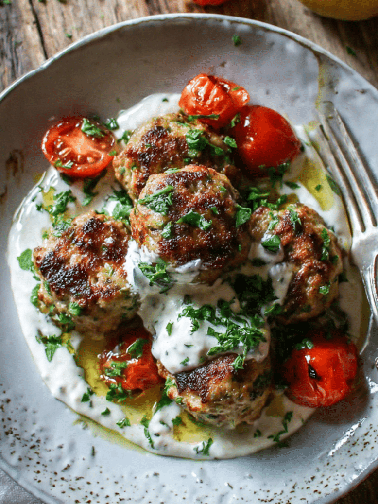 chicken kofta with garlic yogurt sauce served with flatbread