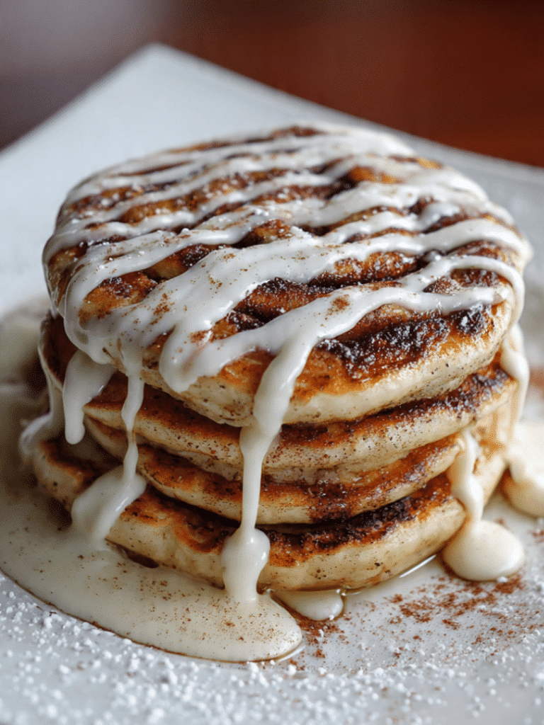 Cinnamon Roll Pancakes Recipe served with cream cheese glaze