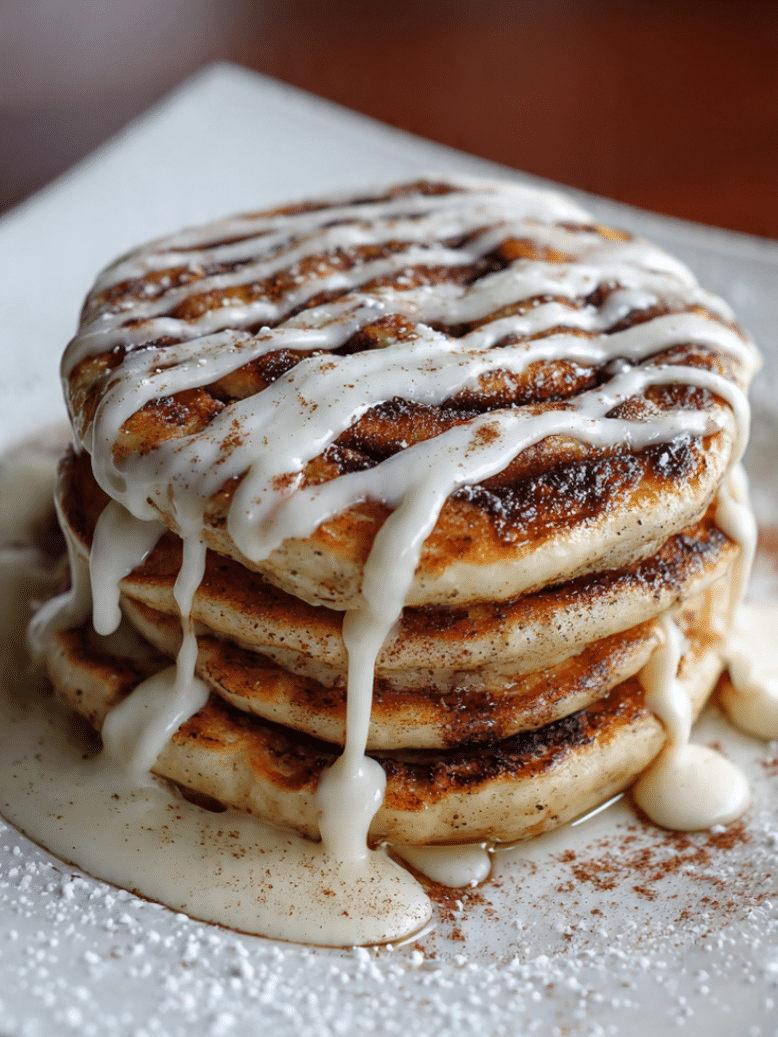 Cinnamon Roll Pancakes Recipe served with cream cheese glaze