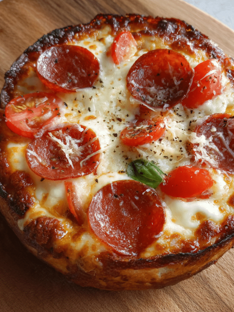 cottage cheese pizza bowl with melted mozzarella and pepperoni