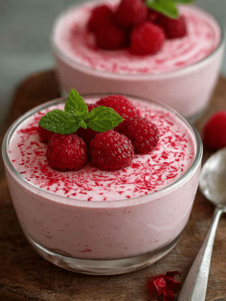 Cottage cheese raspberry mousse served in dessert glasses