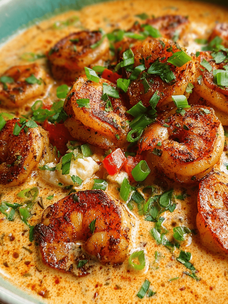 creamy keto cajun shrimp in skillet with rich sauce