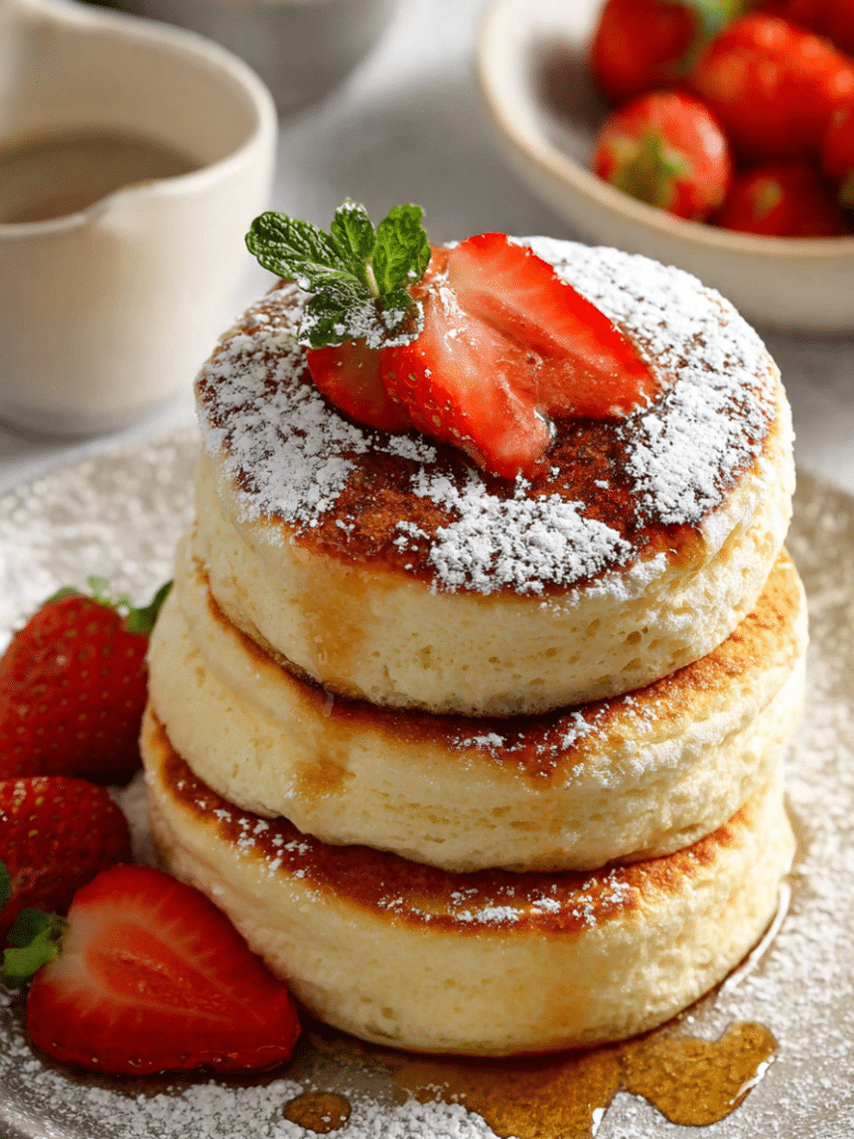 fluffy Japanese soufflé pancakes stacked with whipped cream