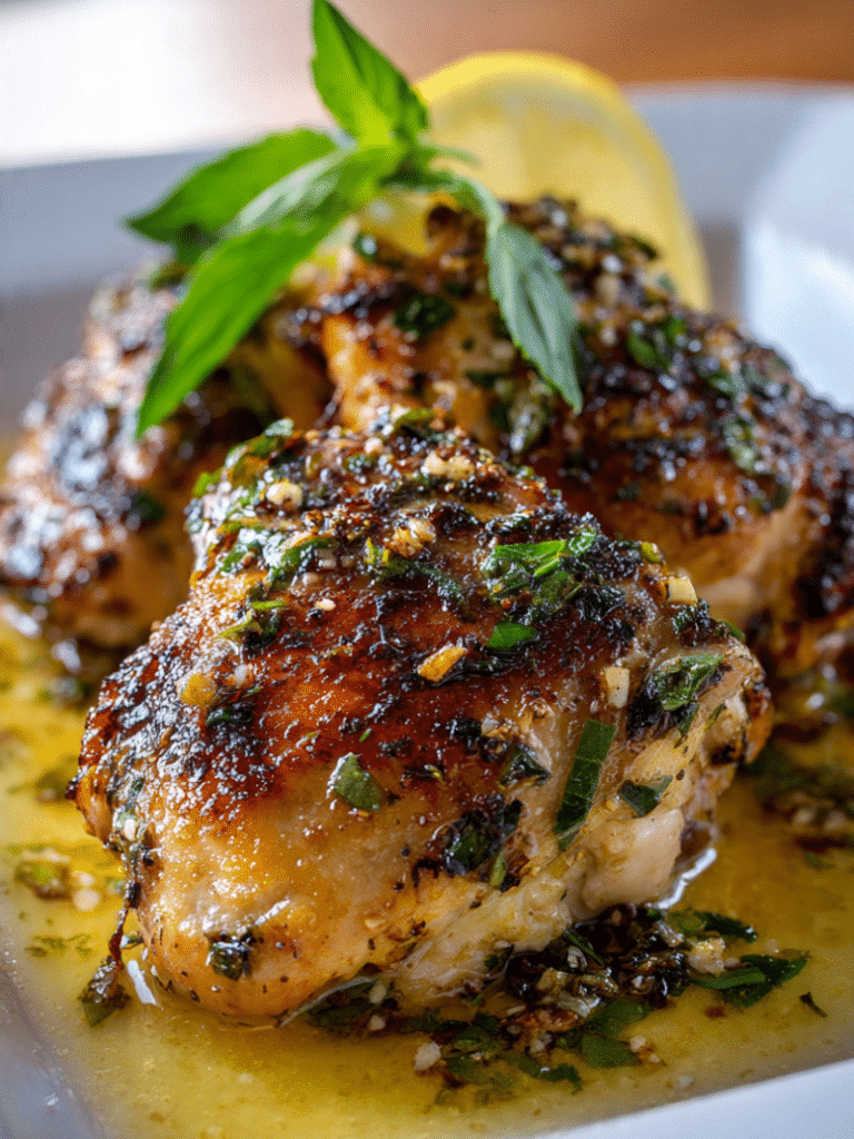 Garlic herb chicken served with fresh herbs and roasted garlic