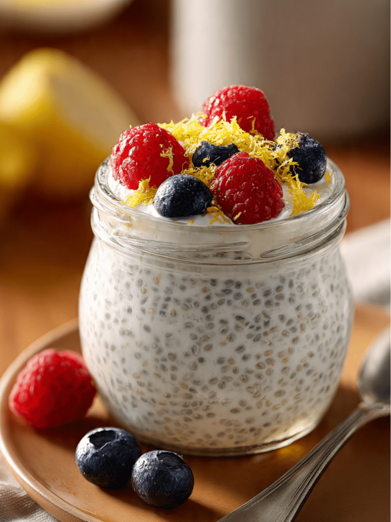 Lemon chia seed pudding in a glass jar with lemon zest and berries