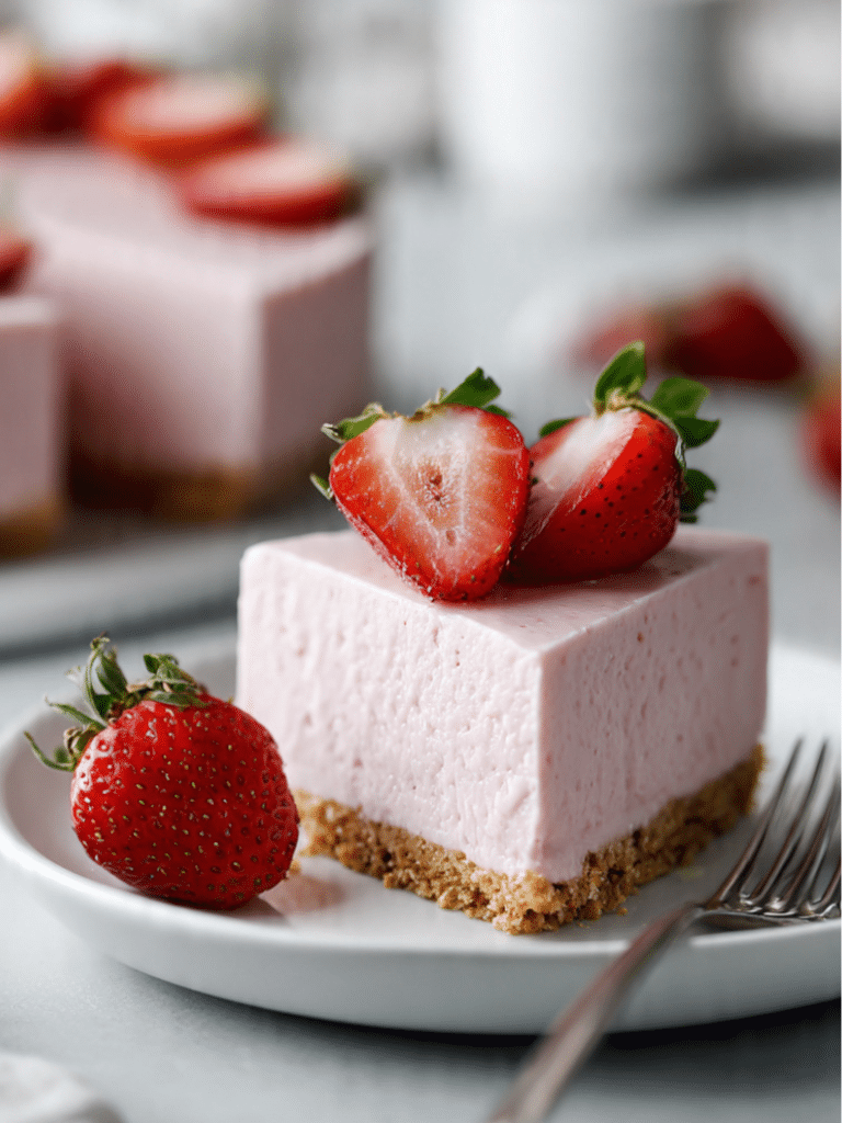 No-Bake Greek Yogurt Jello Cheesecake with graham cracker crust and strawberries