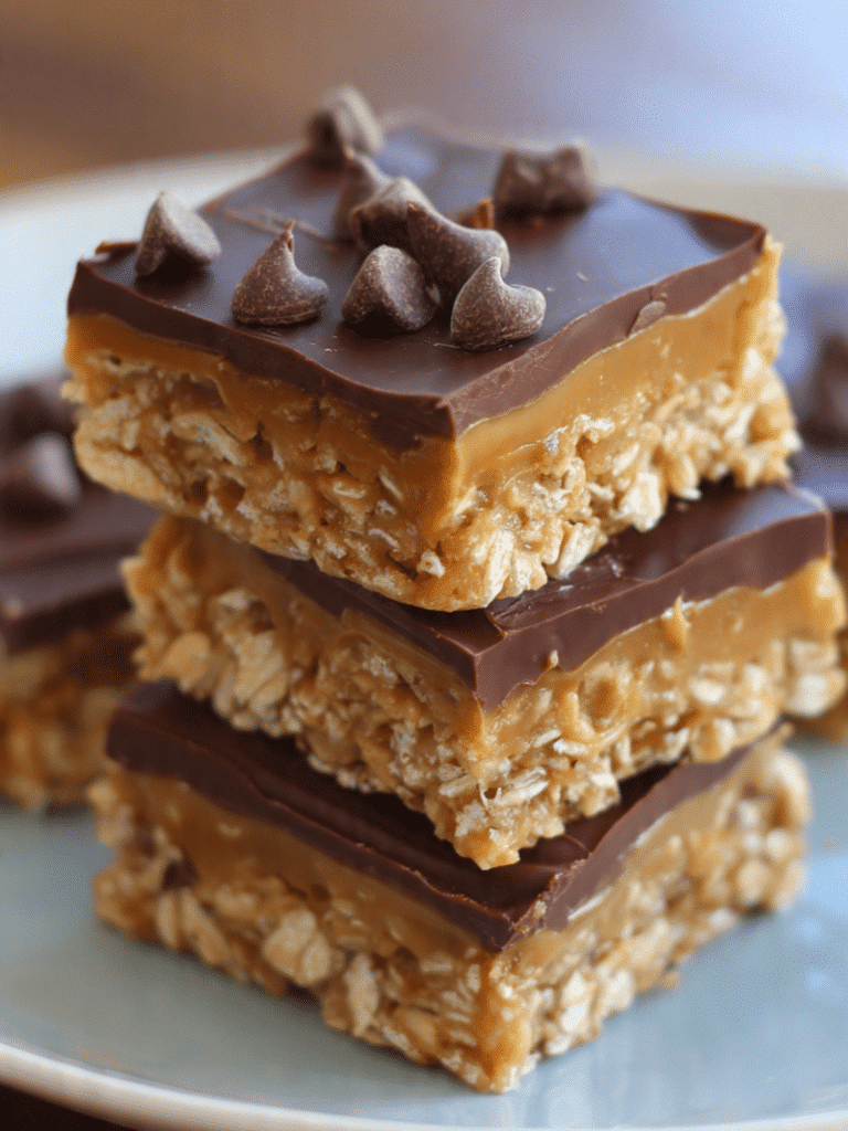 no bake peanut butter oatmeal bars stacked and ready to serve