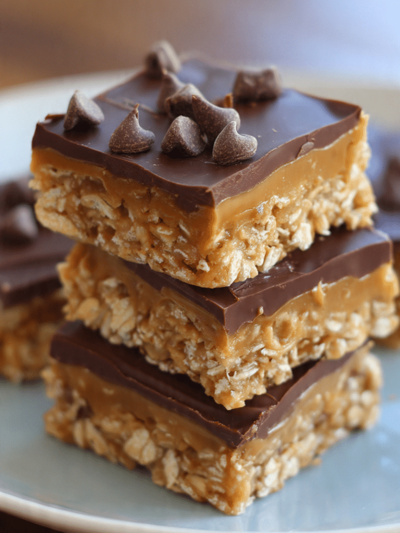 no bake peanut butter oatmeal bars stacked and ready to serve