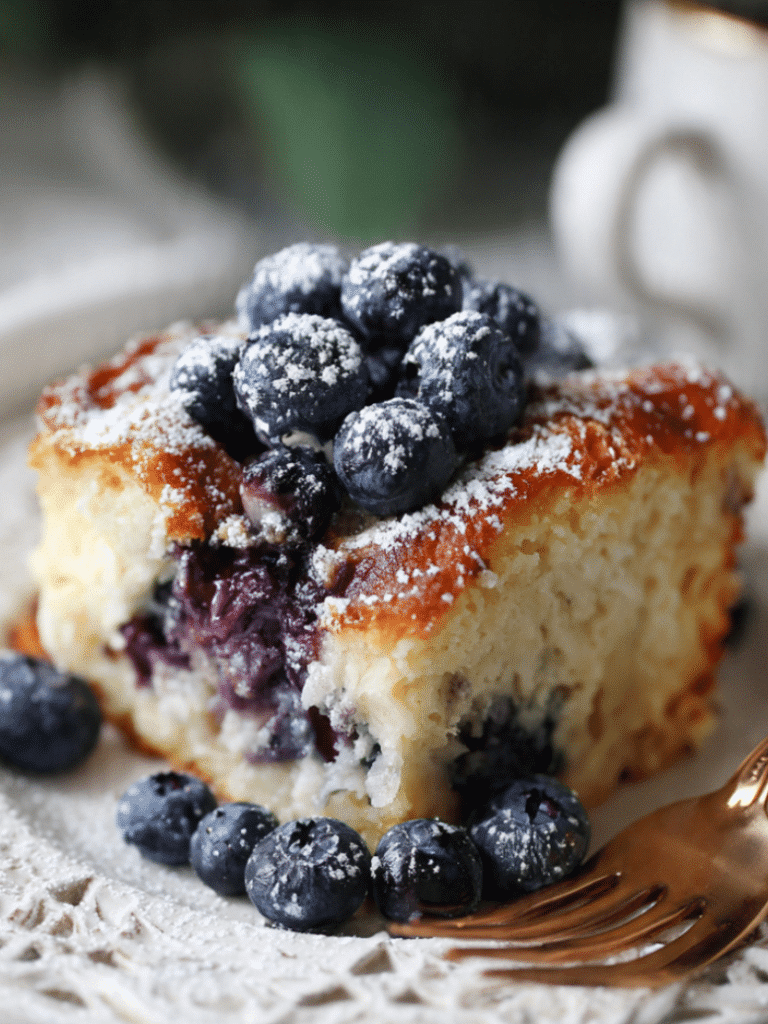 overnight blueberry pancake casserole baked golden with blueberries
