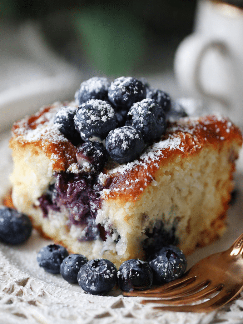 overnight blueberry pancake casserole baked golden with blueberries