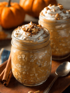 pumpkin spice overnight oats in jar with granola and yogurt toppings