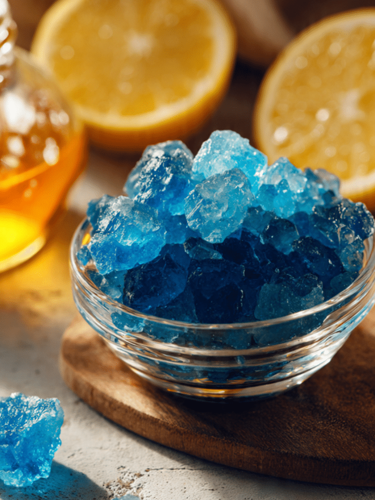 blue salt trick recipe prepared with mineral salt and lemon in a glass