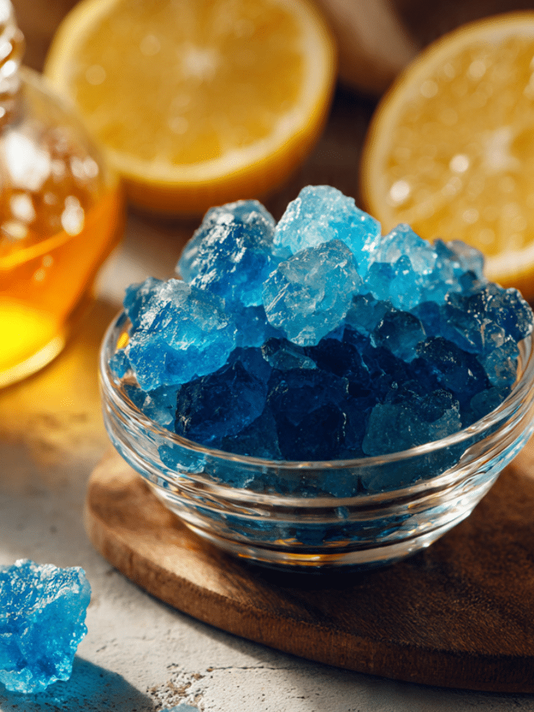 blue salt trick recipe prepared with mineral salt and lemon in a glass