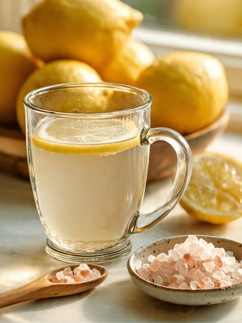 pink salt trick morning drink with lemon and Himalayan salt