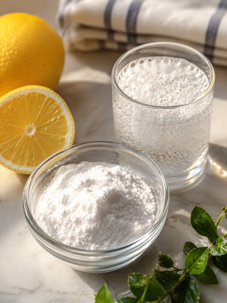 Baking soda and fresh lemon juice in glass bowls on a bright kitchen countertop with natural lighting.