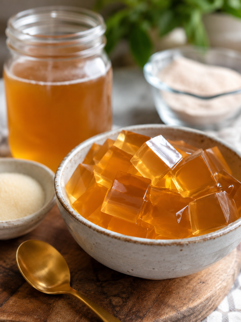 Glass of horse gelatin trick recipe drink made with unflavored gelatin, served on a kitchen countertop with simple ingredients.