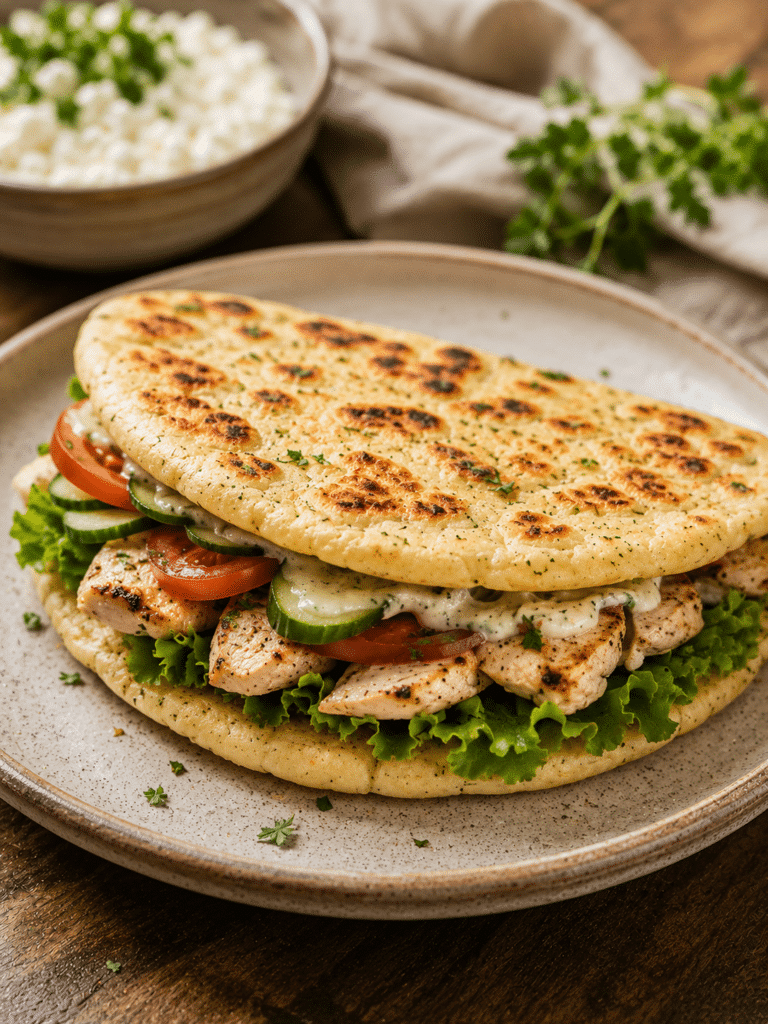 Golden cottage cheese flatbread sandwich filled with grilled chicken, lettuce, cucumber, tomato, and creamy sauce served on a rustic ceramic plate.