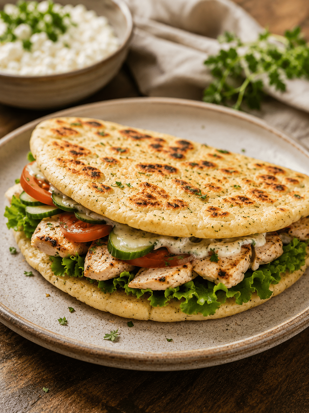 Golden cottage cheese flatbread sandwich filled with grilled chicken, lettuce, cucumber, tomato, and creamy sauce served on a rustic ceramic plate.