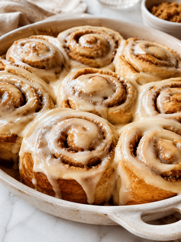 Brown Butter Cinnamon Rolls with cream cheese frosting in a baking pan