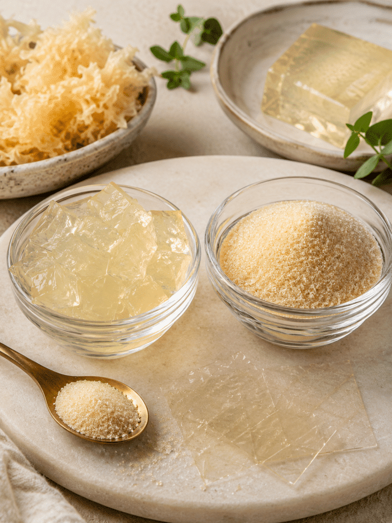 Agar Agar vs Gelatin comparison with firm agar jelly and soft gelatin dessert