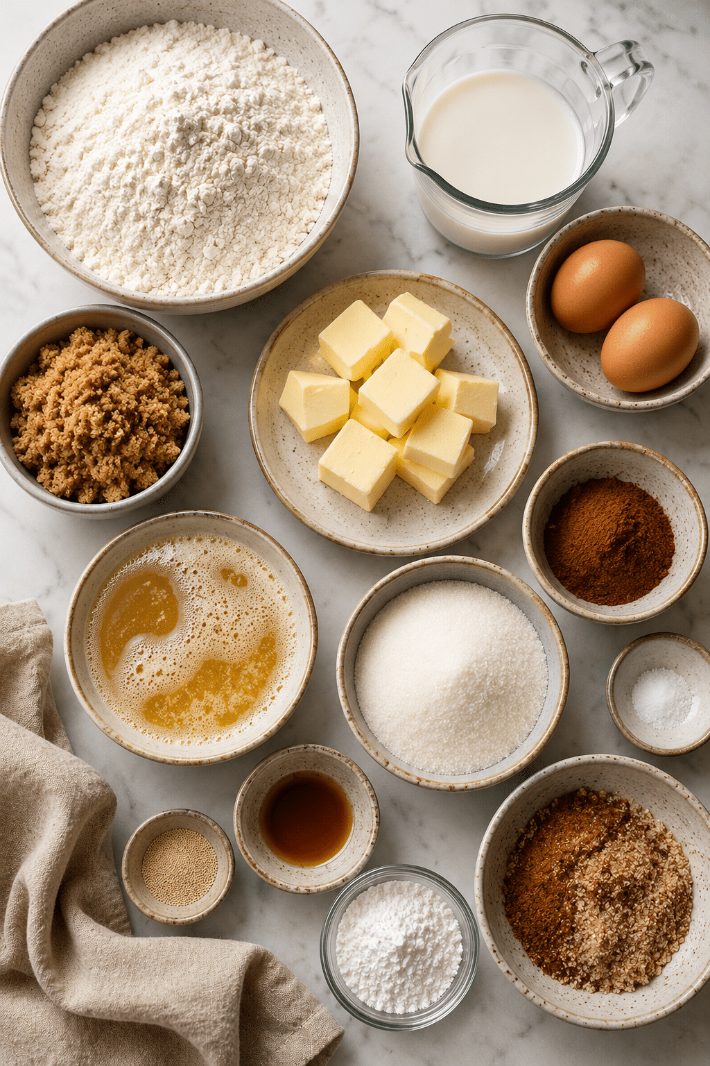 Brown Butter Cinnamon Rolls ingredients arranged on a kitchen counter